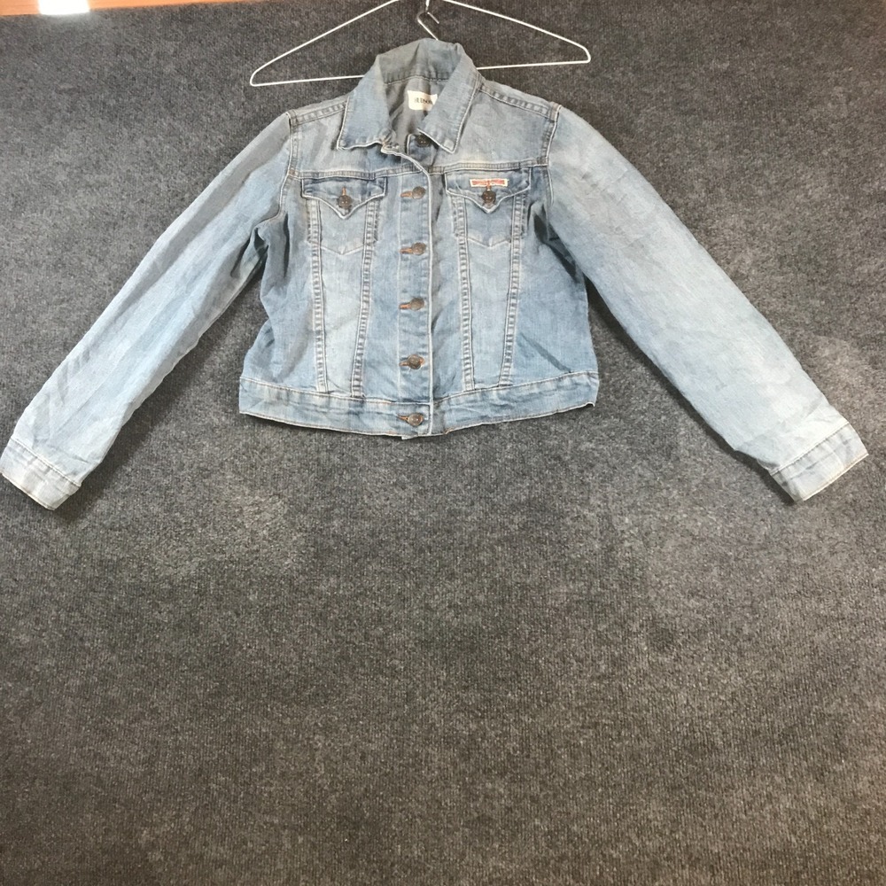 Hudson Trucker Jacket Womens Large Blue Denim Cotton Stretch Button Front Winter